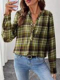 Classic Plaid Half Button Long Sleeve Blouse Light Green