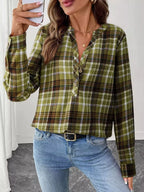 Classic Plaid Half Button Long Sleeve Blouse Light Green