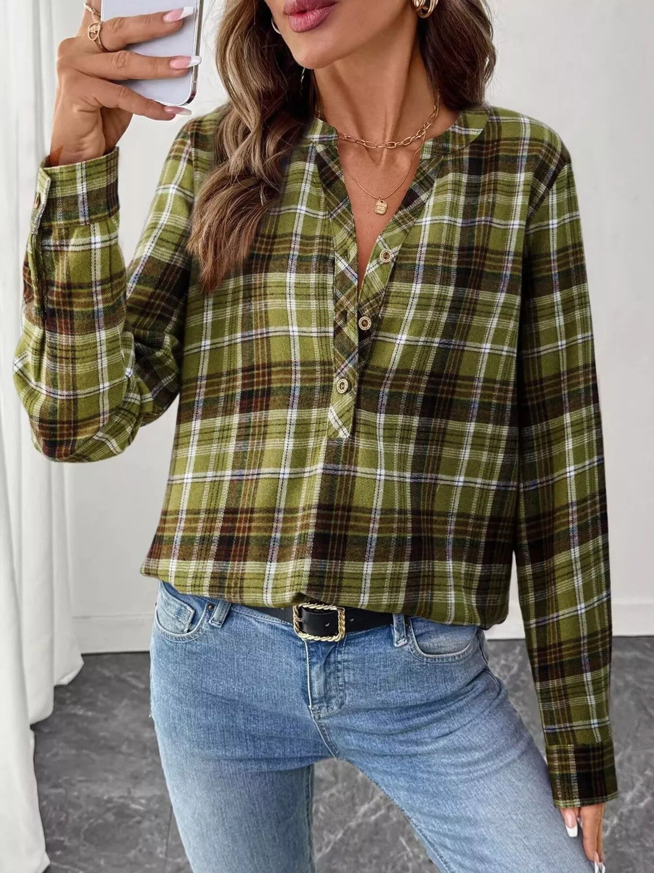 Classic Plaid Half Button Long Sleeve Blouse Light Green