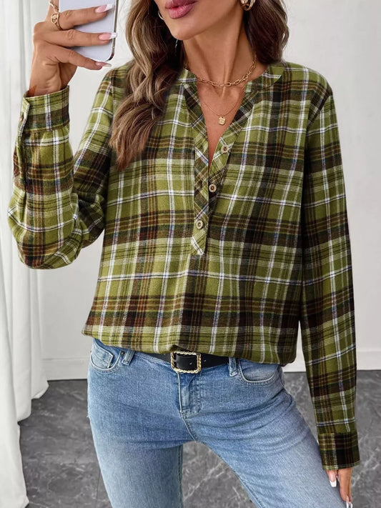 Classic Plaid Half Button Long Sleeve Blouse Light Green