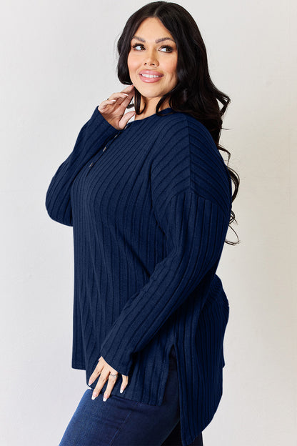 Basic Bae Ribbed Half Button Long Sleeve High-Low T-Shirt