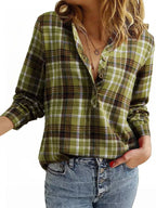 Classic Plaid Half Button Long Sleeve Blouse