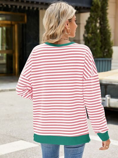 Chic Striped Slit Detail Long Sleeve Sweatshirt