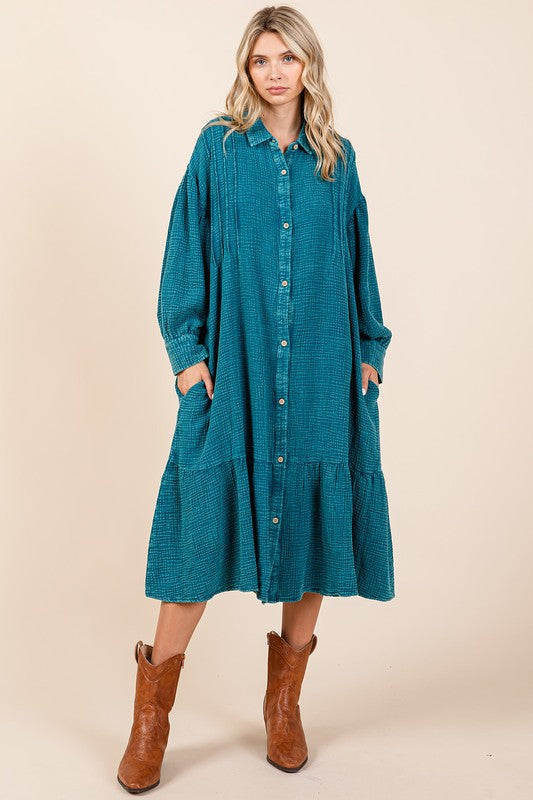 Mittoshop Mineral Wash Cotton Gauze Ruffle Midi Shirt Dress