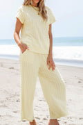 Textured Round Neck Top and Pants Set - Chic & Effortless Cream