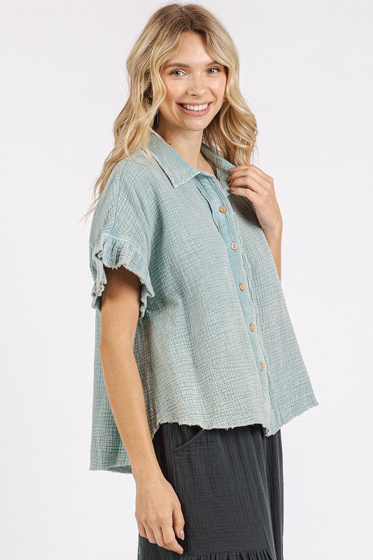 Mineral Washed Button-Down Flounce Sleeve Shirt