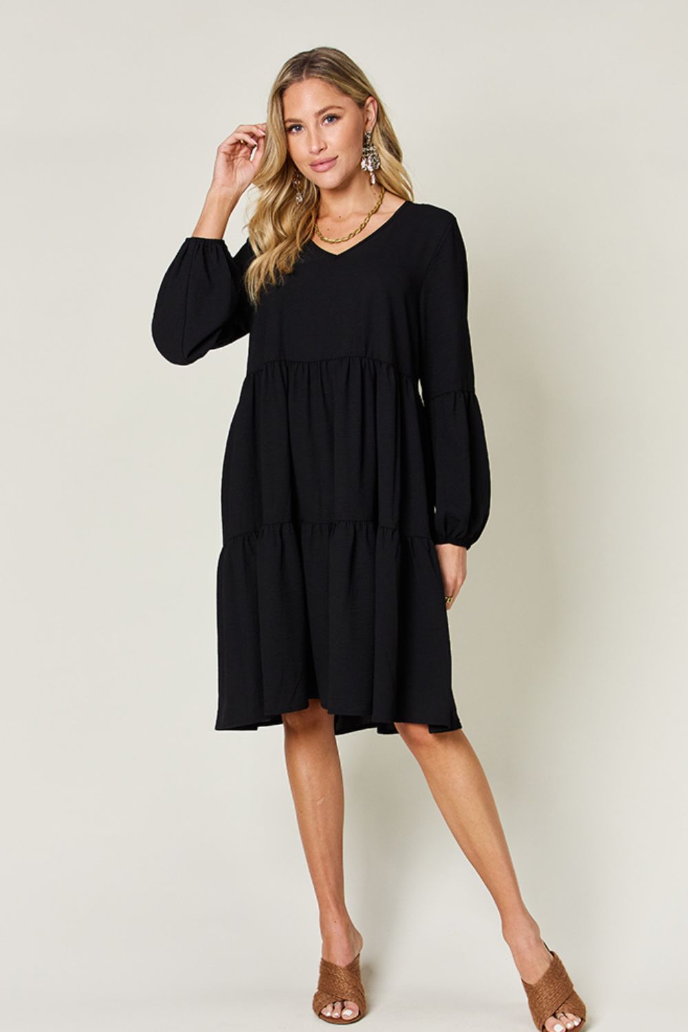 Full Size V-Neck Tiered Balloon Sleeve Dress with Pockets