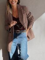 Chic Houndstooth Lapel Collar Blazer – Stylish Buttoned Women’s Outerwear