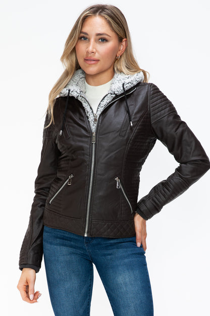 YMI Faux Layered Double-Zipper Jacket with Cozy Fuzzy Hood