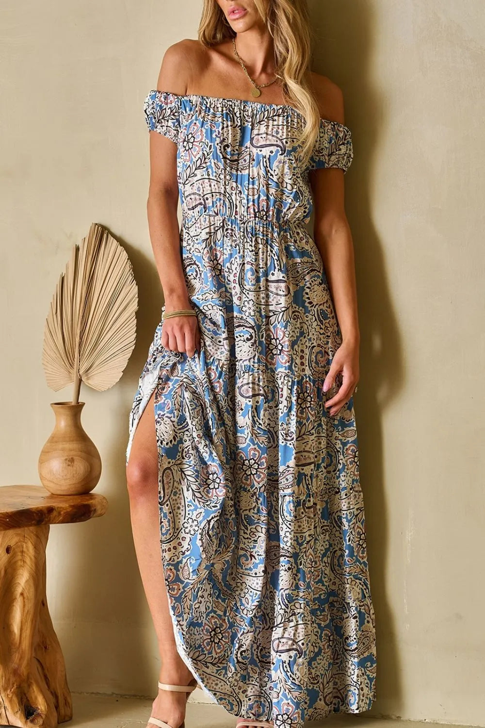 Boho Off-Shoulder Paisley Print Maxi Dress