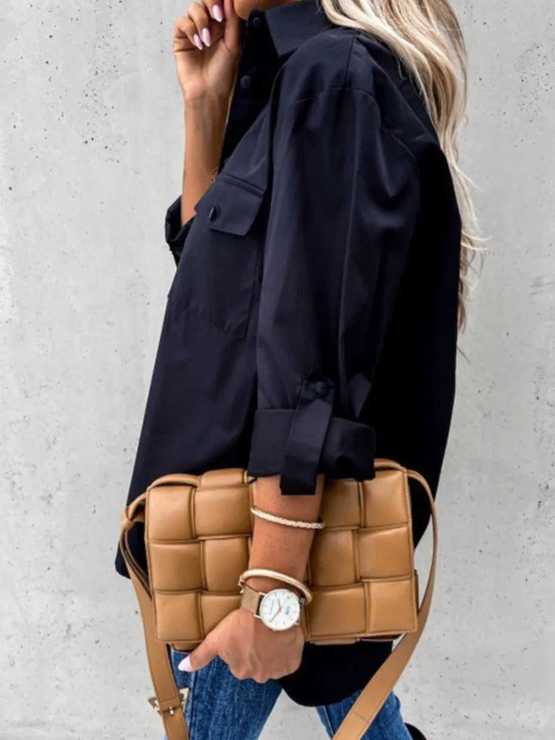 Roll-Tab Sleeve Button-Up Shirt - Lightweight & Chic