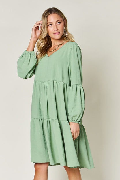 Full Size V-Neck Tiered Balloon Sleeve Dress with Pockets