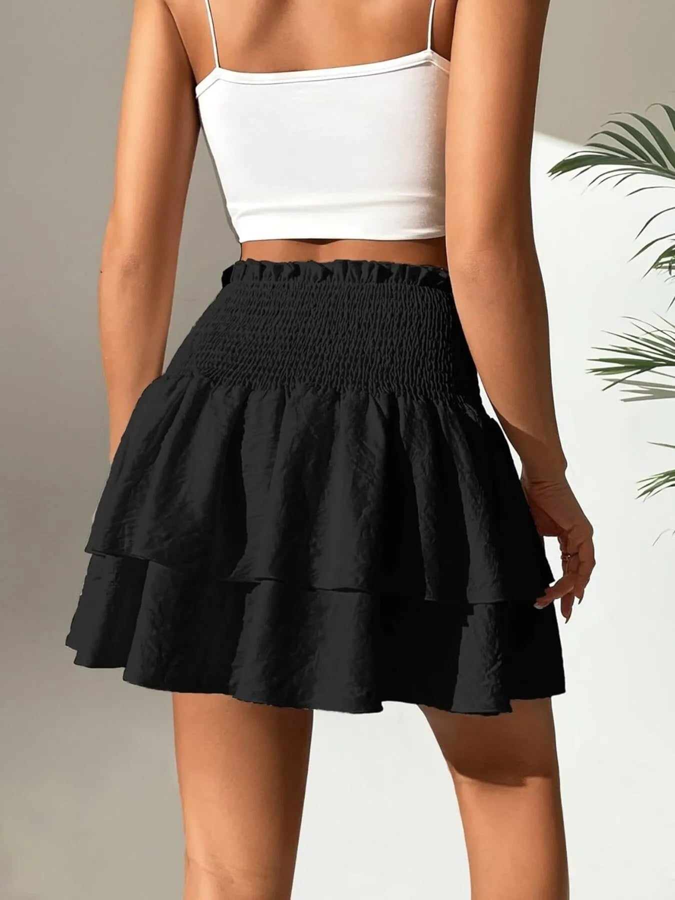 Chic Smocked Layered Ruched Mini Skirt Black