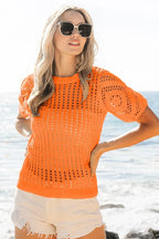 BiBi Puff Sleeve Crochet Knit Beach Cover-Up Orange