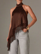 Asymmetrical Lace-Trim Halter Neck Cami Top