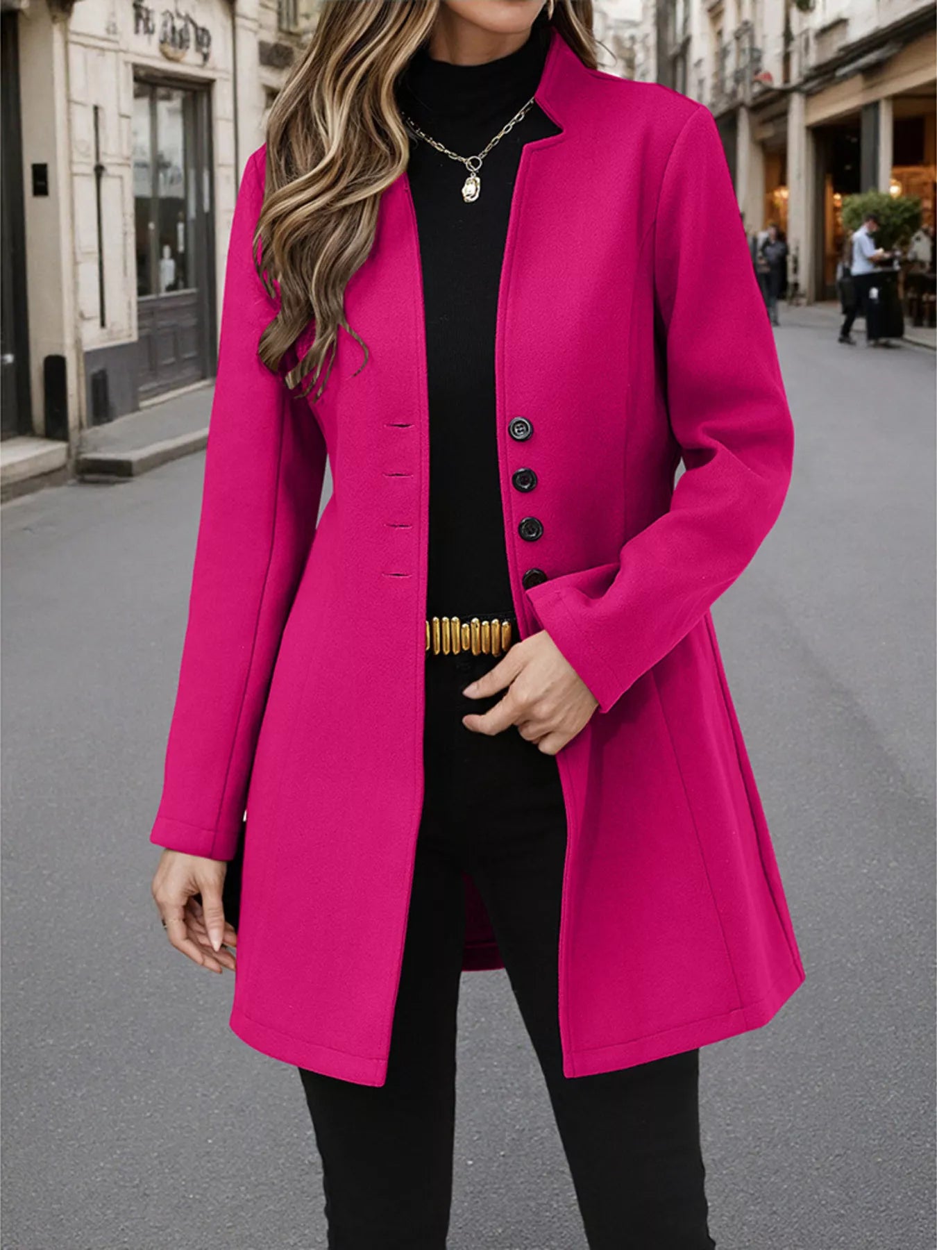 Classic Button-Up Long Sleeve Coat Hot Pink