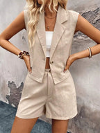One-Button Sleeveless Cotton Top & Shorts Set Tan