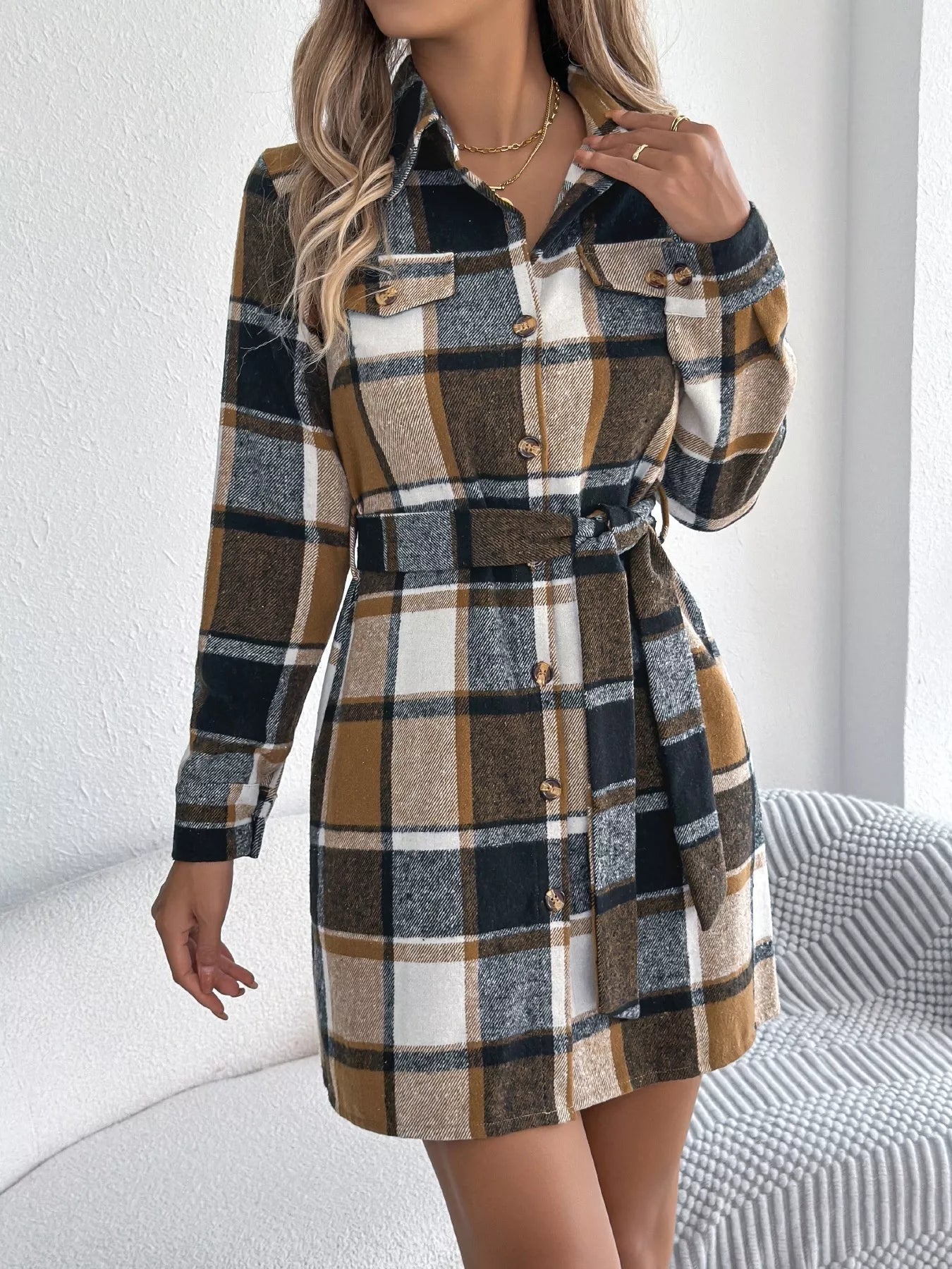 Plaid Button-Front Tie Waist Shirt Dress