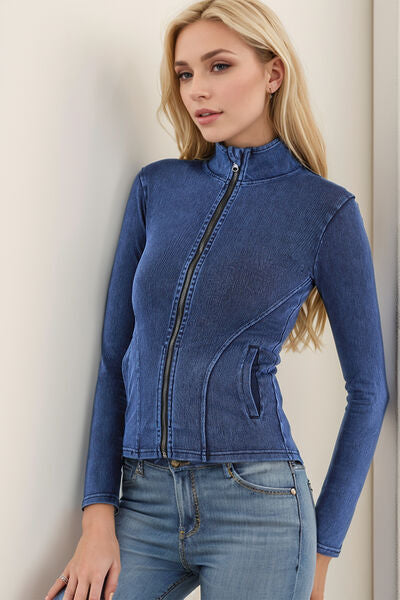 Basic Bae Pocketed Turtleneck Zip-Up Denim Top Dusty Blue