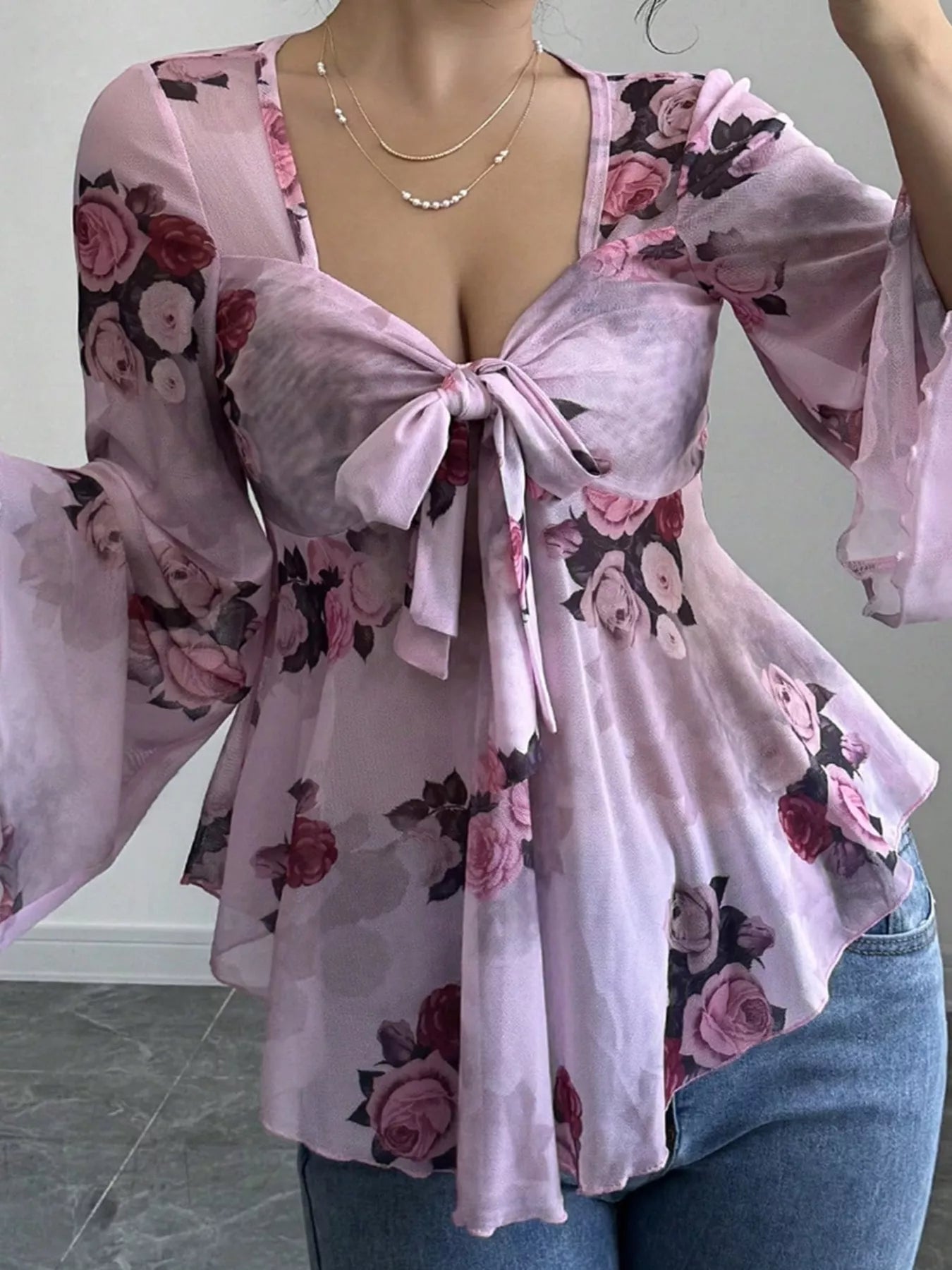 Floral Tie-Front Flare Sleeve Blouse Pink Purple