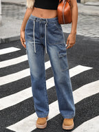 Drawstring Wide-Leg Cargo Jeans