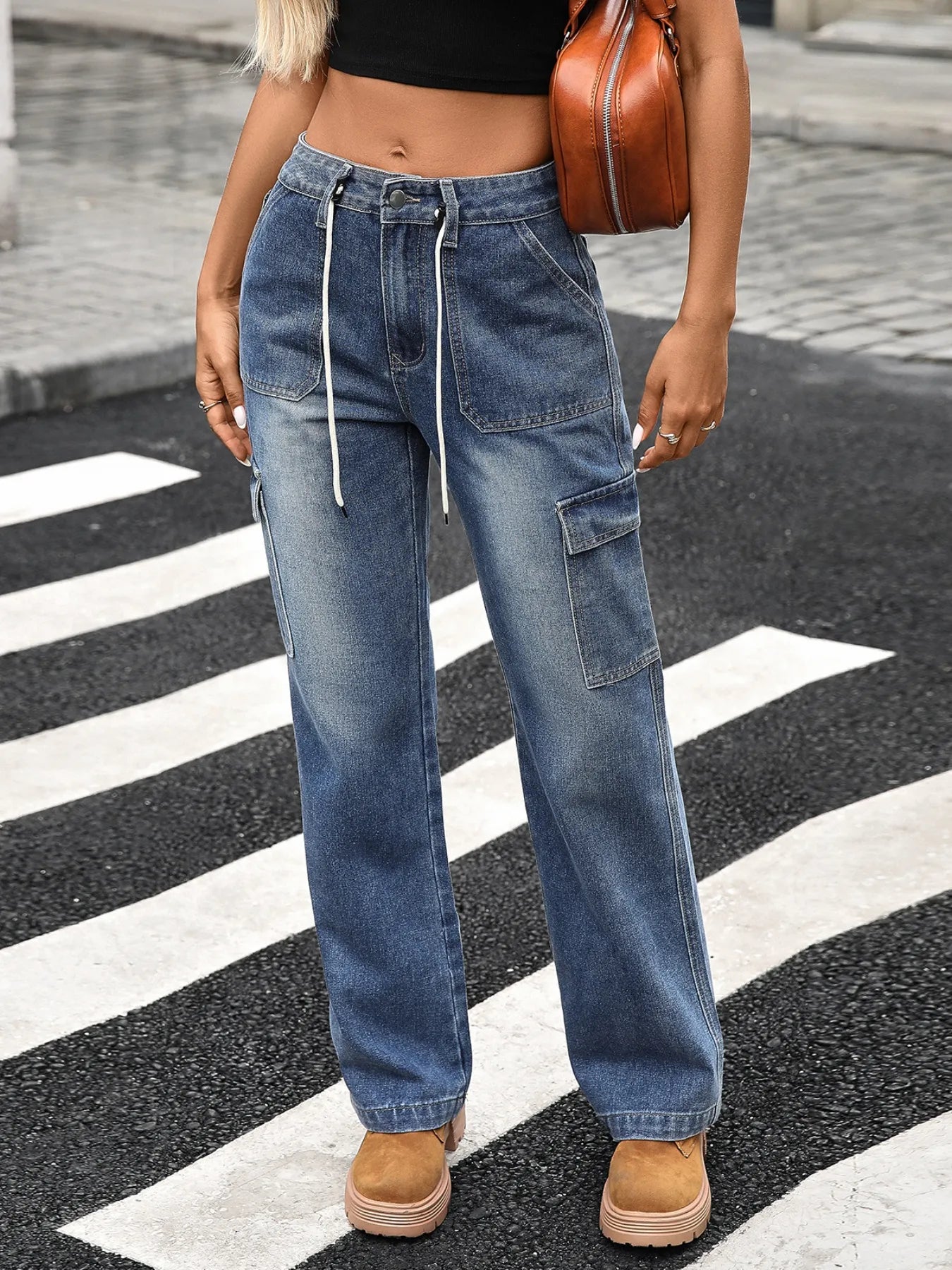 Drawstring Wide-Leg Cargo Jeans