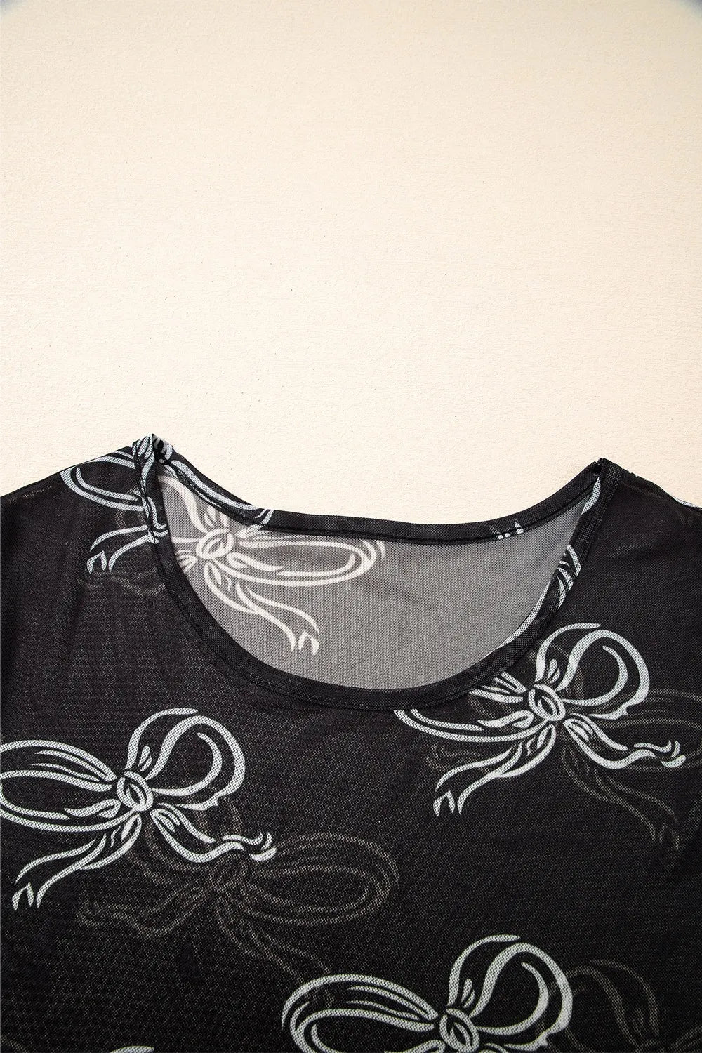 Elegant Sheer Bow Mesh Round Neck Short Sleeve Lightweight Top