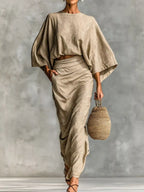 Full-Size Kimono Sleeve Top & Ruched Skirt Co-Ord Set Tan