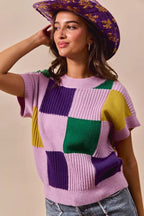 SO ME Mardi Gras Check Plaid Casual Knit Sweater Top