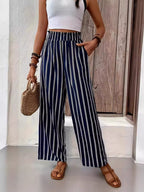 Plus Size Striped High Waist Wide Leg Cotton Pants with Pockets