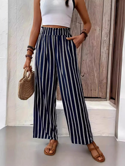 Plus Size Striped High Waist Wide Leg Cotton Pants with Pockets
