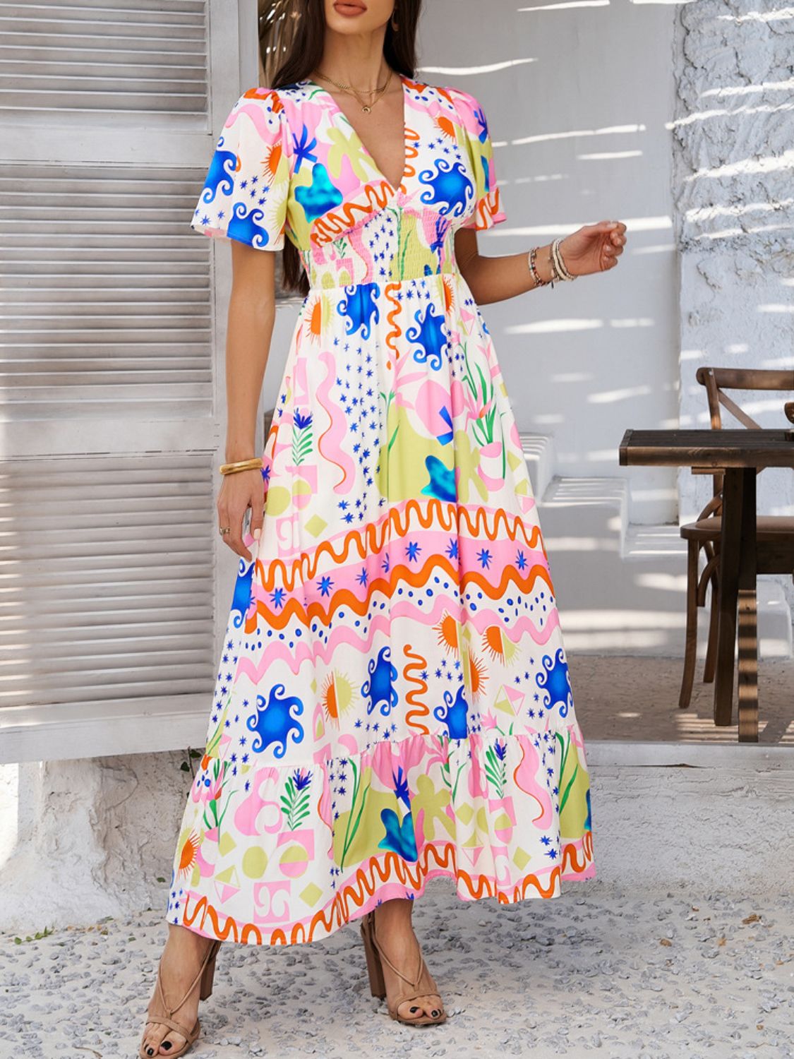 Devine Smocked Printed V-Neck Short Sleeve Maxi Dress Multicolor