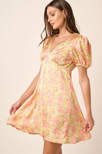 Mittoshop Printed V-Neck Puff Sleeve Mini Dress Cape Honey