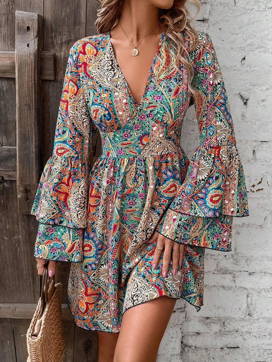 Paisley Print V-Neck Ruffled Flounce Sleeve Dress Stone