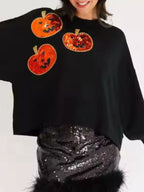 Sequin Halloween Pumpkin Round Neck Sweatshirt