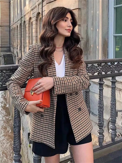 Plaid Double-Breasted Lapel Collar Blazer Khaki
