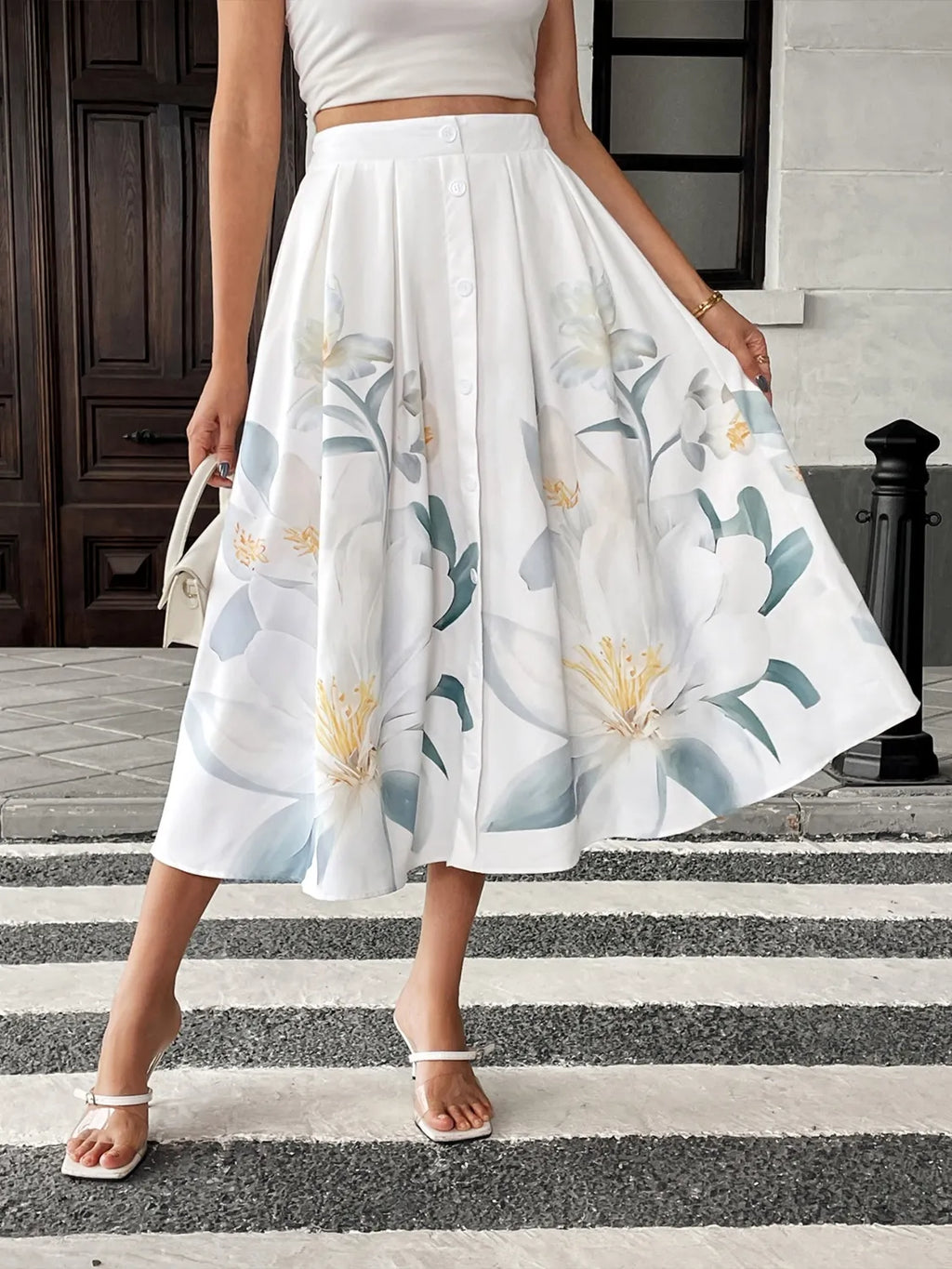 Petal Breeze Buttoned Midi Skirt White