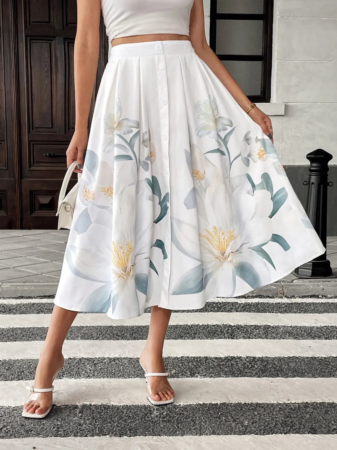 Petal Breeze Buttoned Midi Skirt White