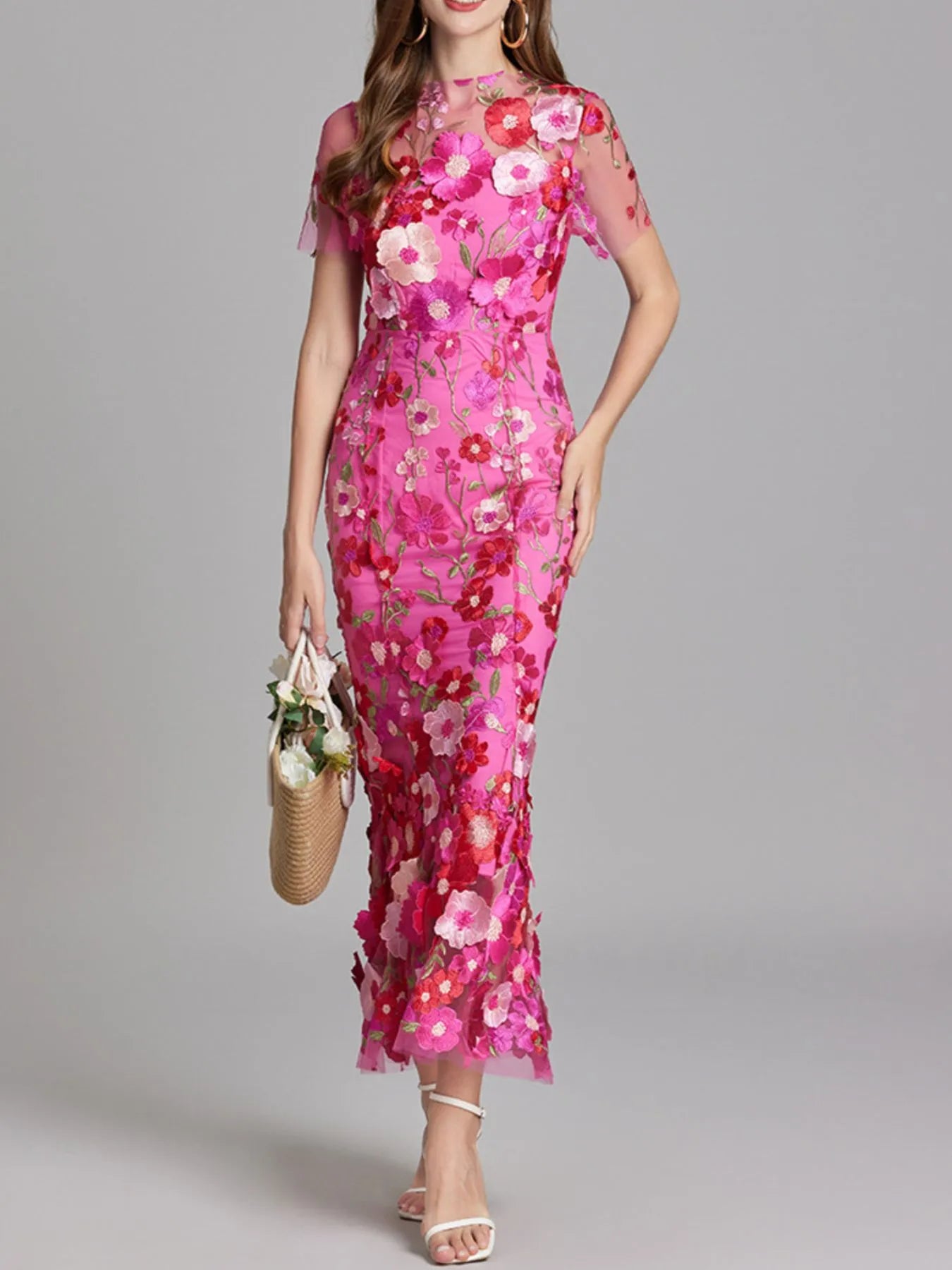 Embroidered Mesh Overlay Maxi Dress – Lined Evening Wear with Zipper Closure