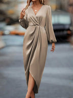 High-Low Surplice Balloon Sleeve Midi Dress - Elegant & Flowy