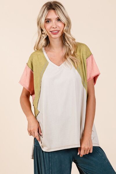 Mittoshop Color Block V-Neck Short Sleeve T-Shirt