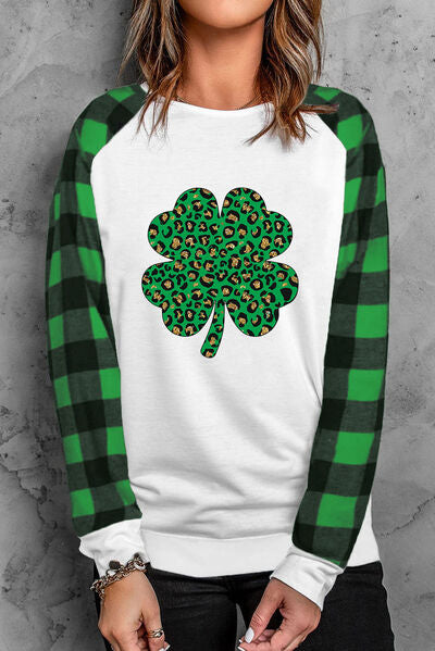 Comfortable Lucky Clover Round Neck Long Sleeve Tee Green