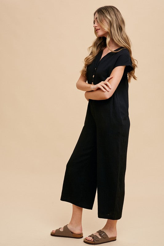 Annie Wear Button Detail Wide-Leg Jumpsuit with Pockets