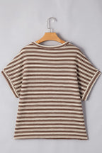 Stripe Textured Crew Neck T-Shirt with Side Slits - Relaxed Fit
