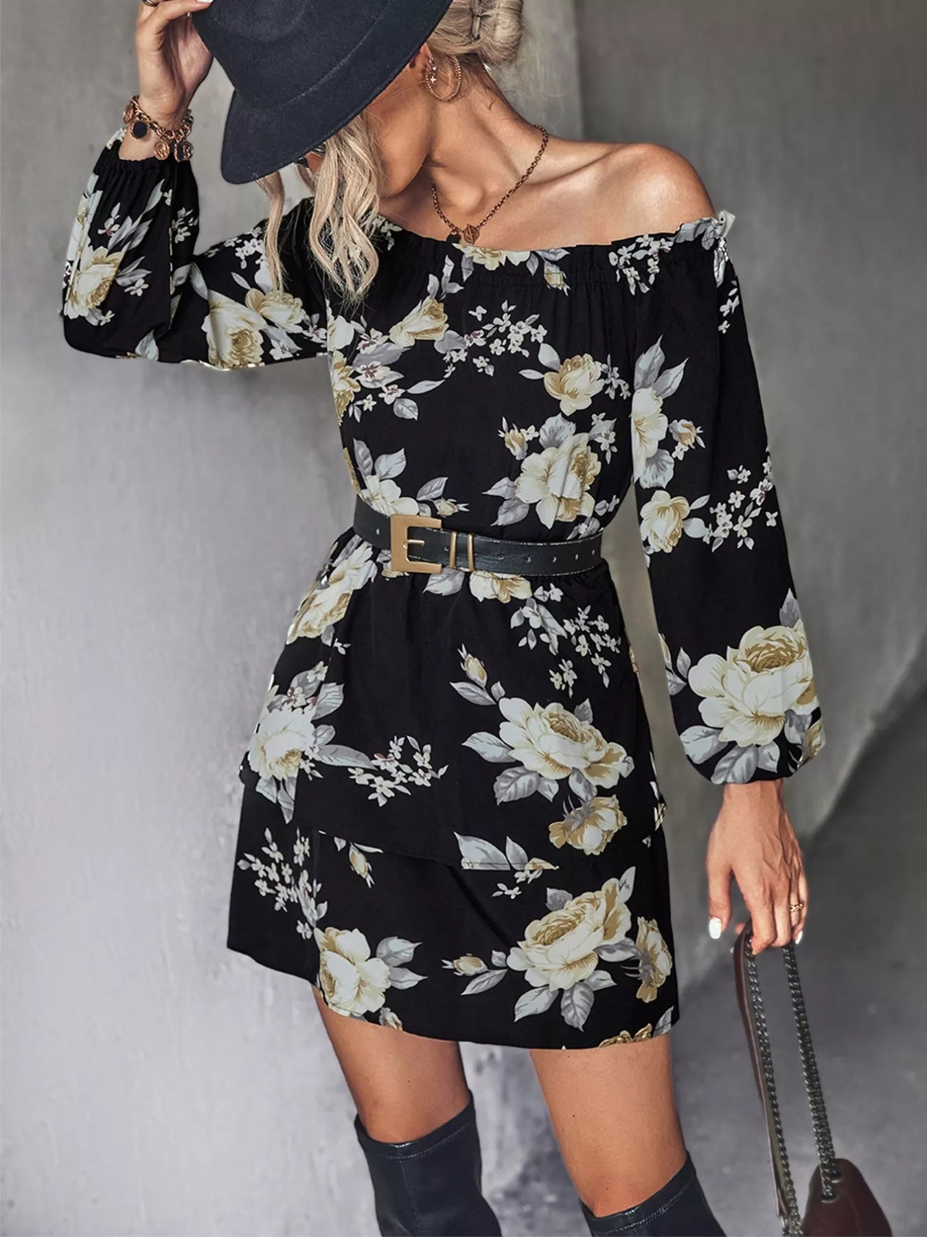 Floral Print Off-Shoulder Ruffled Mini Dress Black