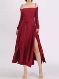 Ruched Slit Spaghetti Strap Long Sleeve Maxi Dress Burgundy