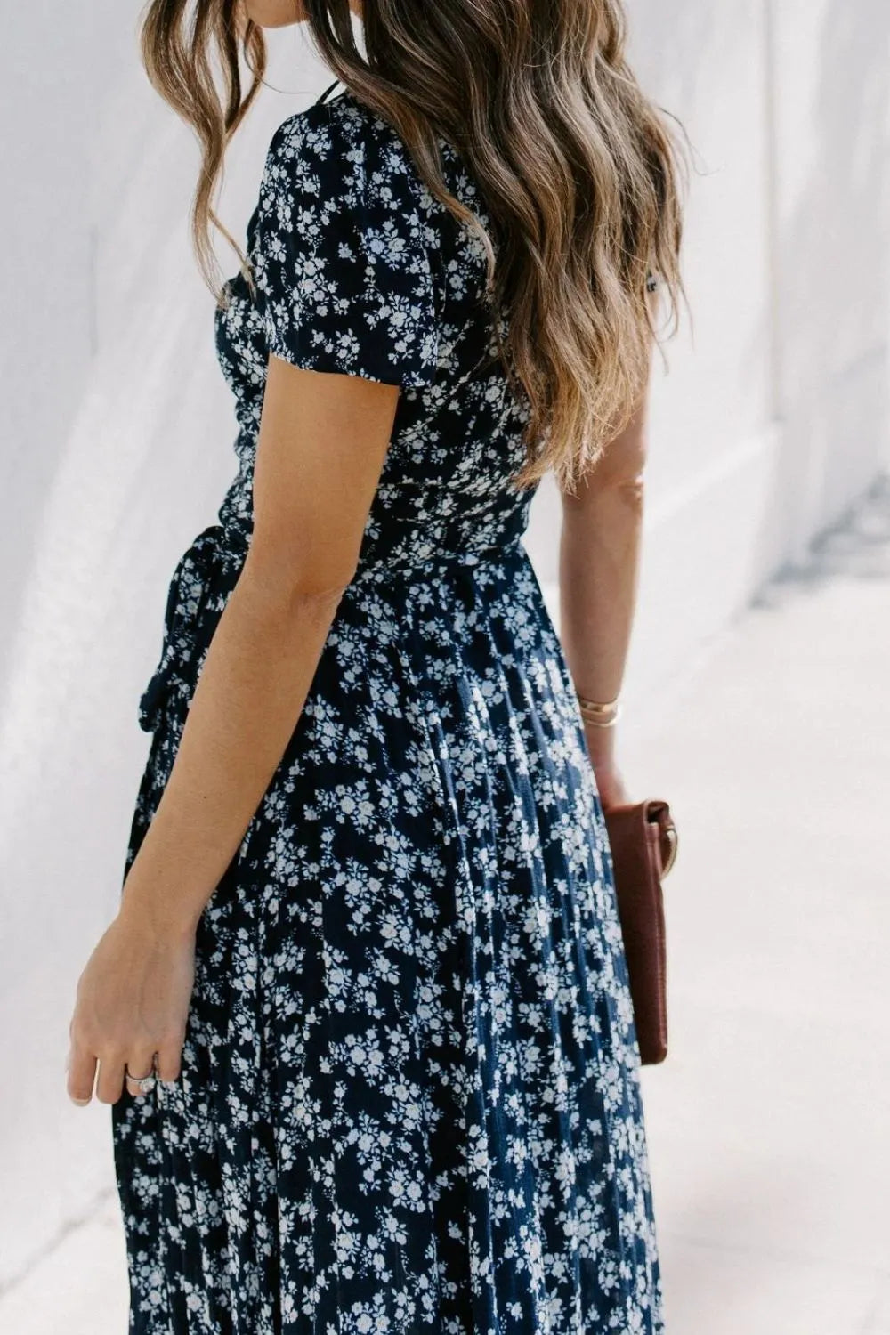 Floral Surplice Dress with Tie Waist and Side Slit