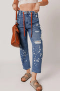 Distressed Splatter Paint Cropped Straight Jeans with Drawstring Waist Medium Blue