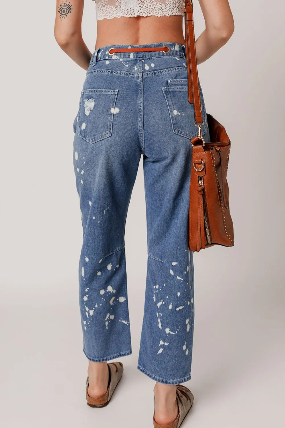 Distressed Splatter Paint Cropped Straight Jeans with Drawstring Waist