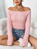 Off-Shoulder Cable-Knit Long Sleeve Sweater Top